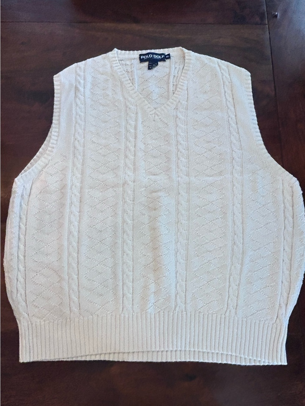 Vintage Polo Golf Ralph Lauren Cable Knit Sweater Vest USA Cotton XL Cream